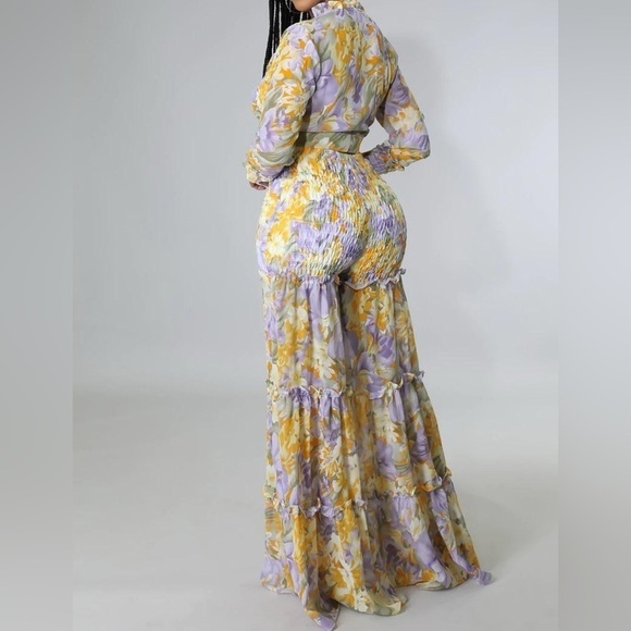Banjul 2 piece crop top wide leg flowing pants floral print yellow purple medium - Picture 10 of 13
